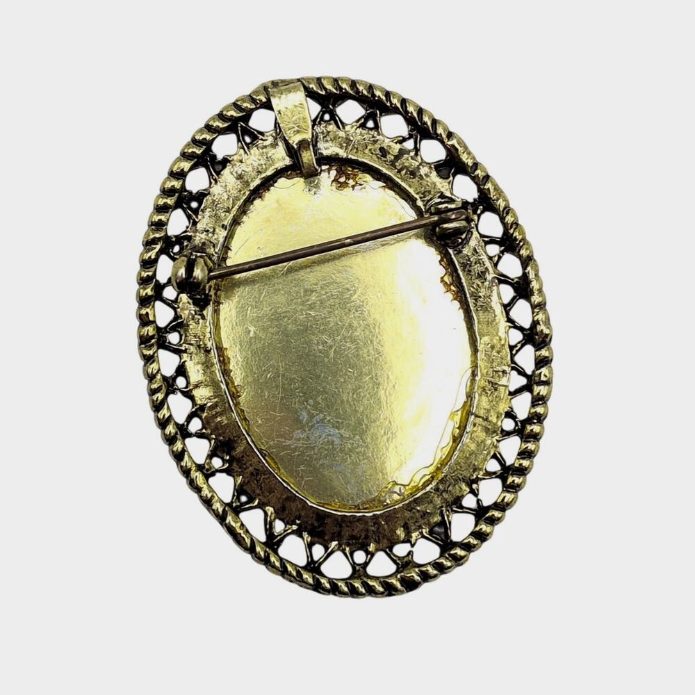 Vintage Petit Point Needlepoint Floral Gold Tone Framed Black Brooch Pin/Pendant - Picture 5 of 5